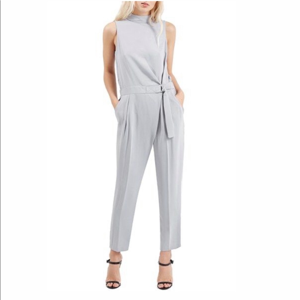Topshop Gray High-neck belted jumpsuit